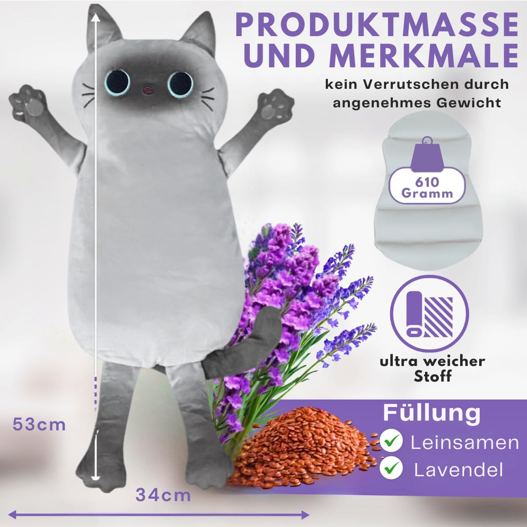 Körnerkissen, Kuscheliges Wärmekissen, Mikrowelle geeignet, waschbarer Bezug, Tier Katze Ideal bei Verspannungen und Krämpfen Geschenke für Frauen, Mädchen und Kinder (Katze grau)