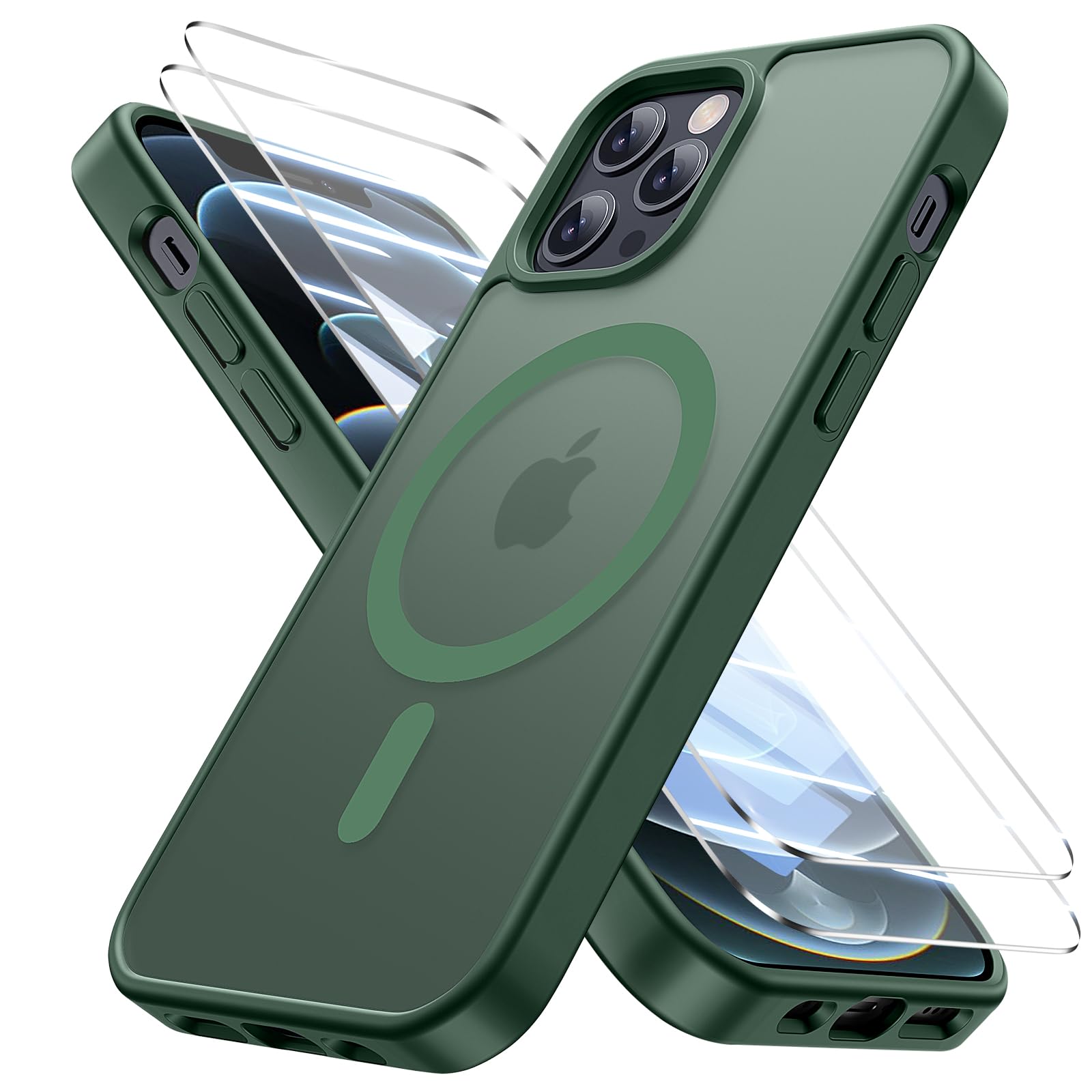 Bruzaio iPhone 12/ iPhone 12 Pro 用 ケース【強化フィルム2枚付き】Magsafe対応・米軍規格 いphone12 ケース 半透明 耐衝撃 指紋防止 滑り止め マグネット搭載 ワイヤレス充電 耐久性 全面保護 黄ばみなし あいほん12/12 Proスマホケース 6.1インチ用,グリーン