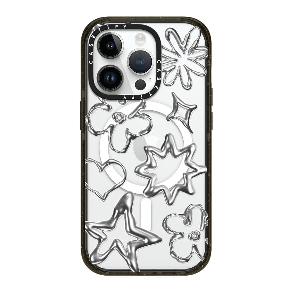 CASETiFY Impact iPhone 14 Pro Case [4X Military Grade Drop Tested / 8.2ft Drop Protection/Compatible with Magsafe] - Chrome Doodles - Clear Black