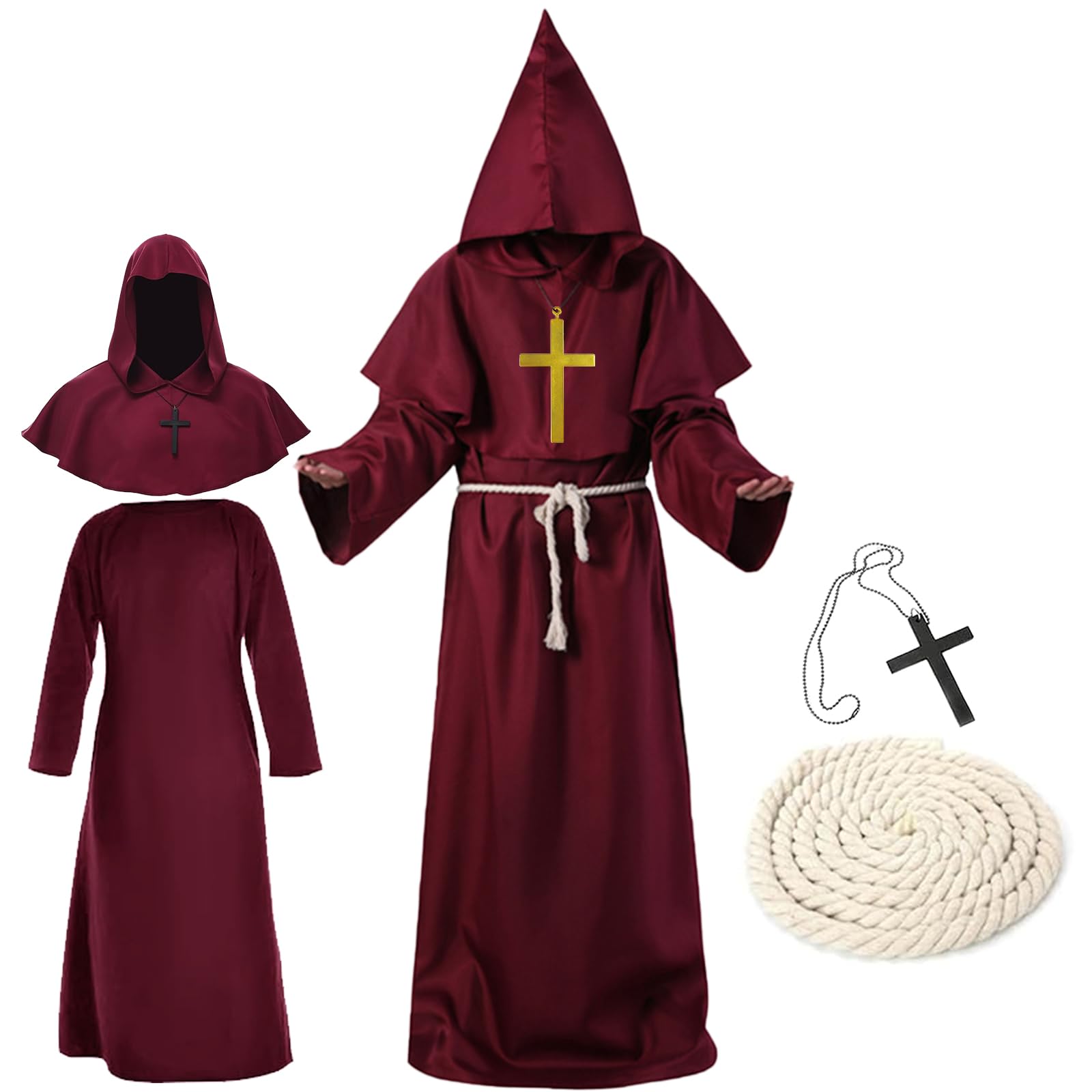 Disfraz de monje, disfraz de sacerdote para hombre, túnica medieval, monje, disfraz de Halloween, carnaval, disfraz para hombre con capucha y cinturón de cuerda