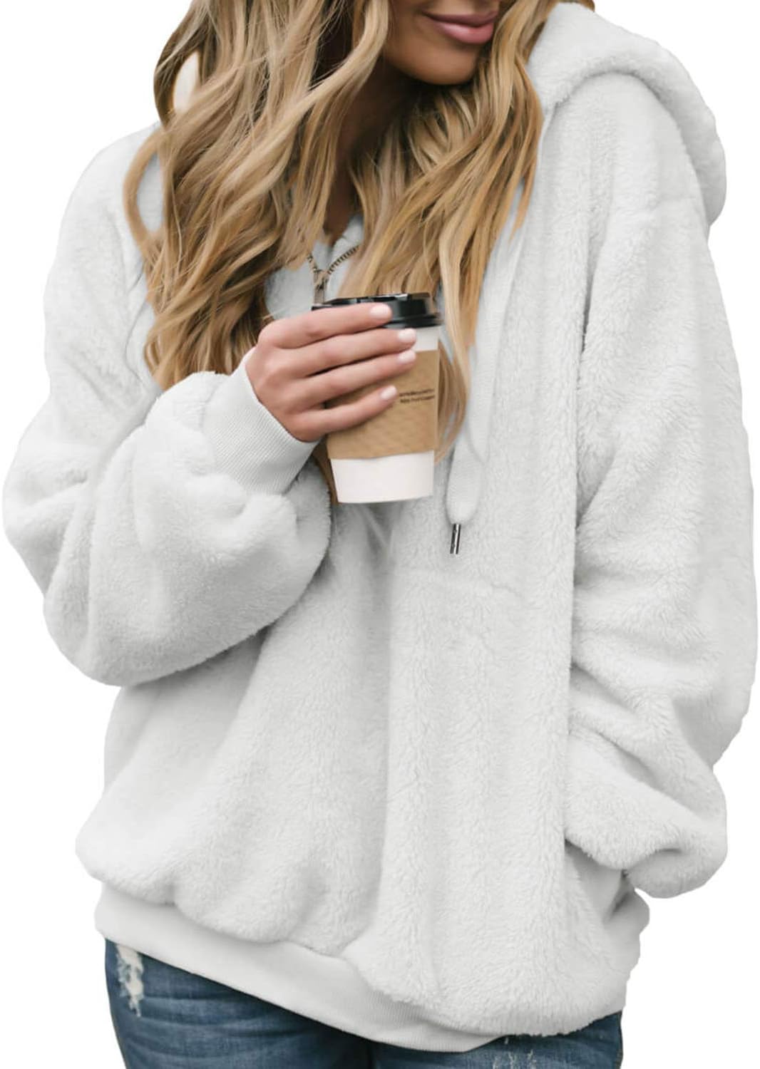 Happy Sailed Womens Long Sleeve Teddy Fleece Hoodie Hooded Sweatshirt Drawstring Pullover Fuzzy Velvet Sweater