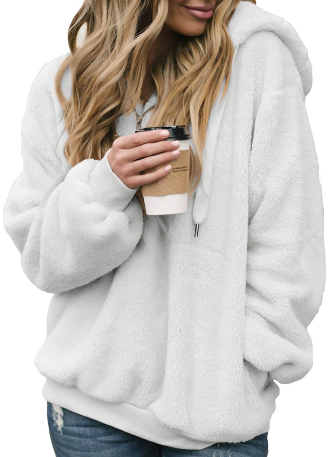 Happy Sailed Womens Long Sleeve Teddy Fleece Hoodie Hooded Sweatshirt Drawstring Pullover Fuzzy Velvet Sweater