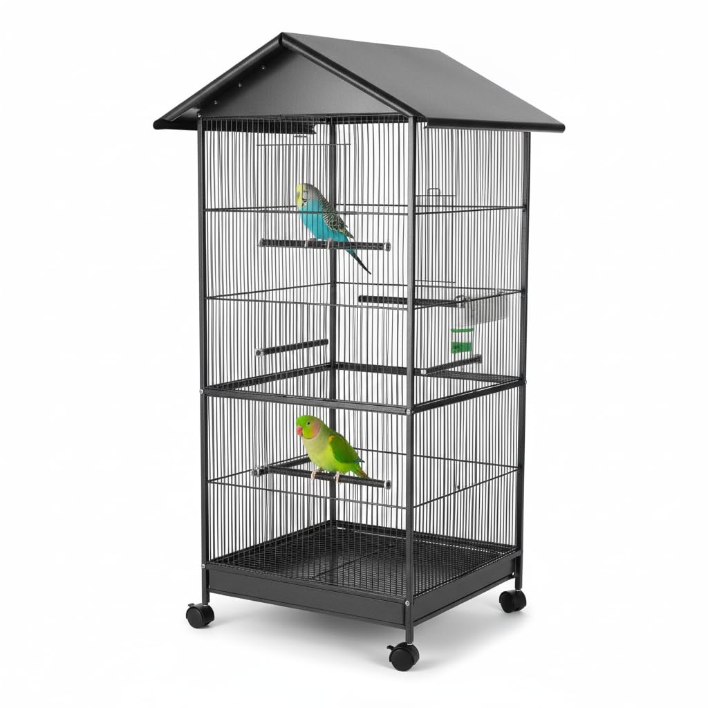 Melko® pájaro voliere/Pajarera/Animales jaula de hierro, Gris, aprox. 155 cm x 66 cm x 66 cm (H x B x T; incluye techo vorsprung) | Incluye 4 perchas, comedero y dispensador de agua, distancia de rejilla de 1,2 cm, cajón extraíble, para canarios