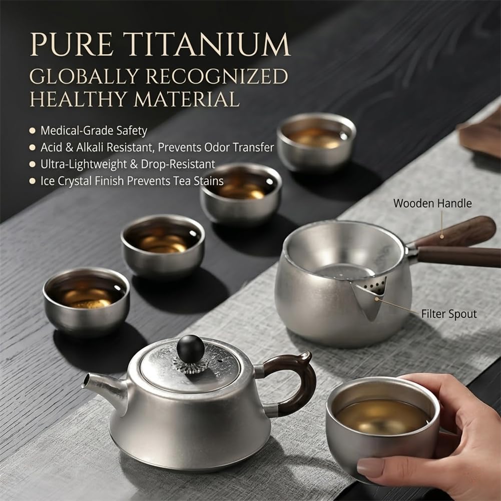 Reines Titan-Kaffee-Tee-Set, tragbare Reise-Teekanne, Hohle Tassen, fairer Krug, Tee-Ei, Sieb mit Griffetui