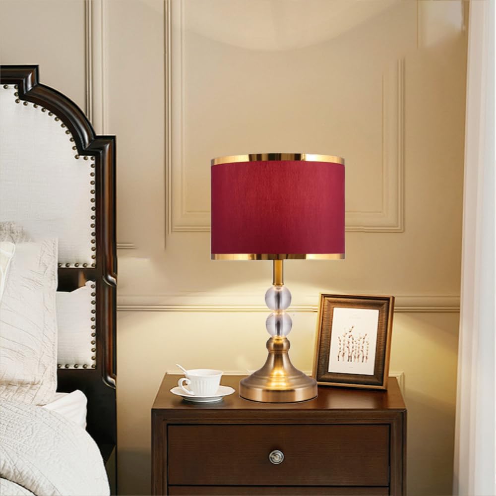 XINYASEE Lampada da comodino classica, paralume in tessuto e corpo in cristallo, E27, lampada da tavolo, soggiorno e camera da letto, rosso, oro (Rosso)