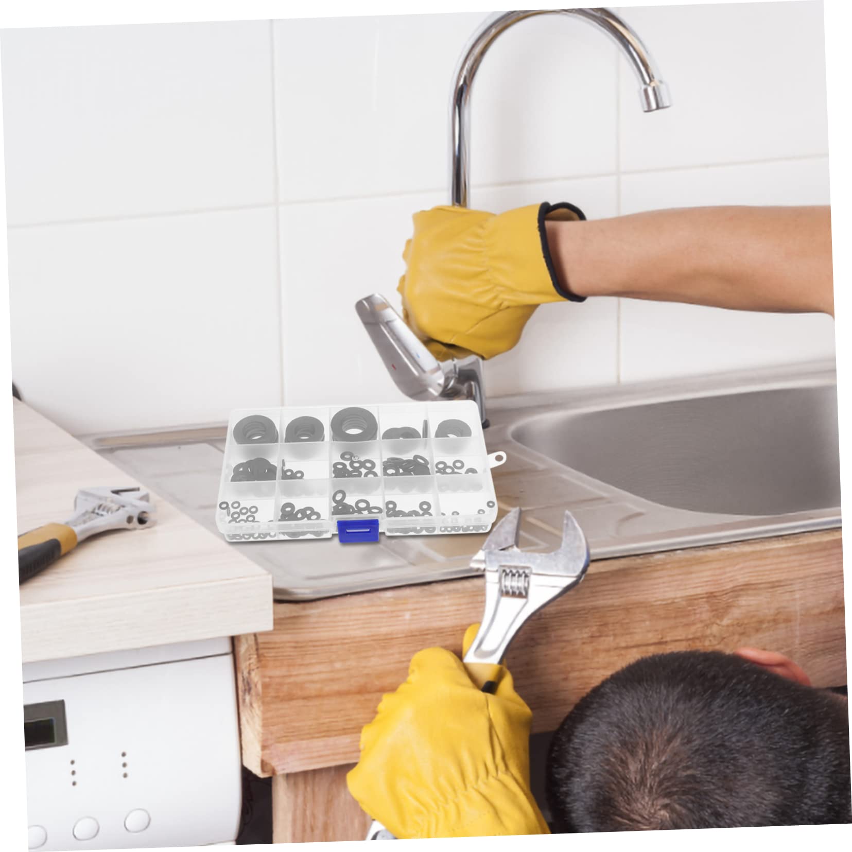 Kit Guarnizioni Rubinetto 215 Pezzi in Plastico Nero, Multi-misura, per Lavandino Bagno e Cucina, Ripara Perdite e Include Guarnizioni di Ricambio