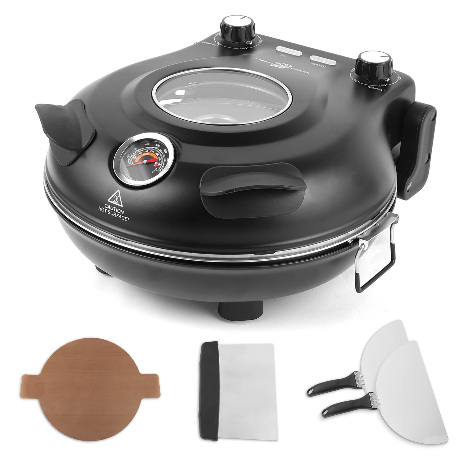 KLAIF Horno eléctrico para pizza con piedra cerámica de 31 cm, dos controles de temperatura ajustables, incluyendo 4 utensilios de pizza, LMC-negro