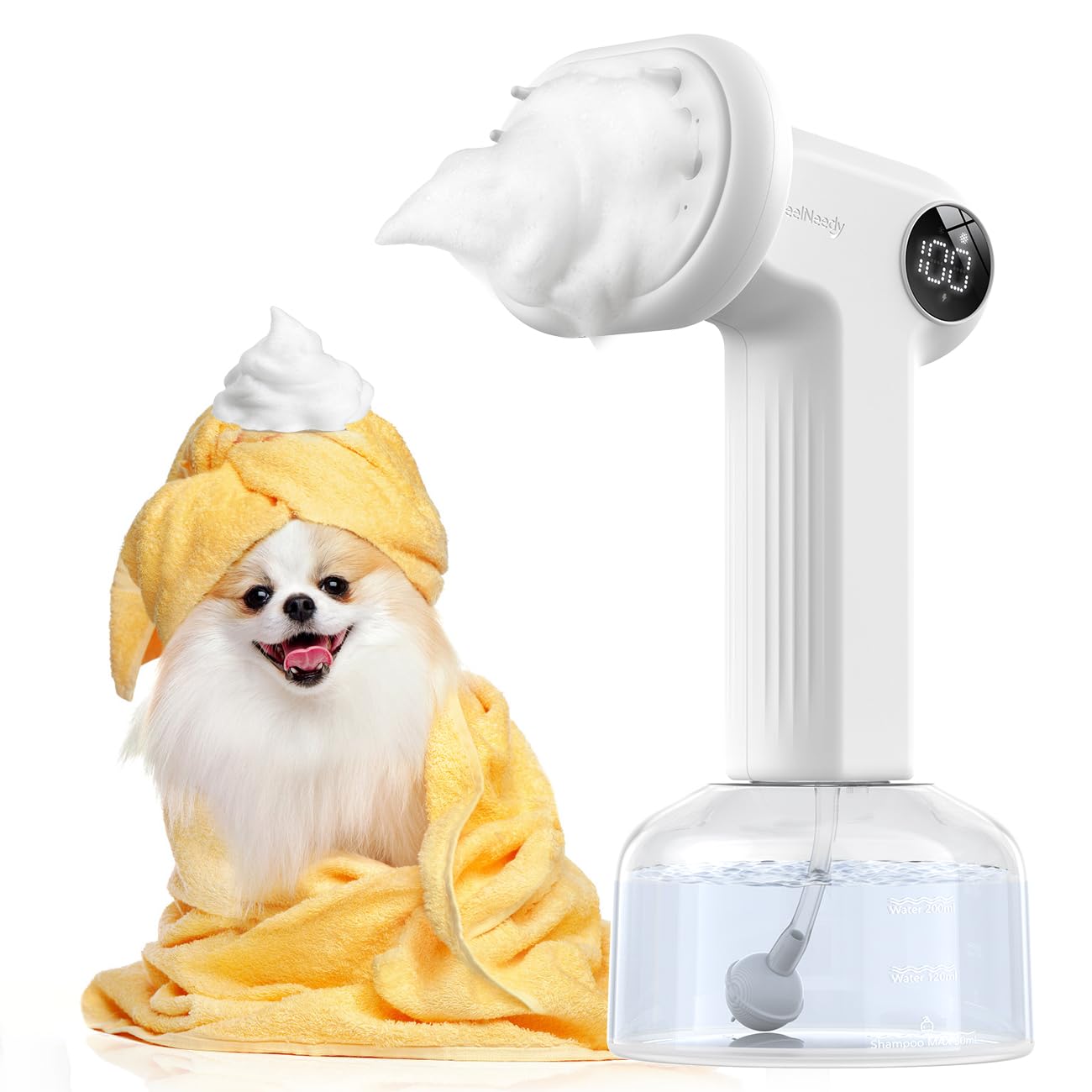 A dog being bathed with the FEELNEEDY automatic foaming soap brush, showing rich foam on its fur.