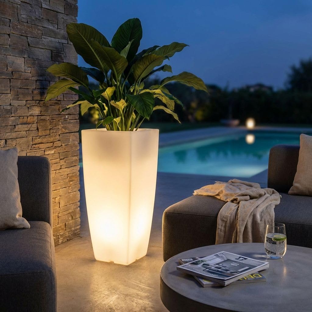 milani home - Vaso Luminoso da Esterno con Luce Bianca, 39 x 39 x 90 cm, per Giardino terrazzo e Ingresso