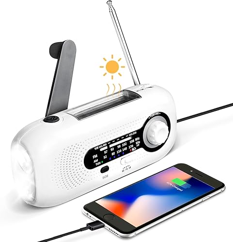 Bcom Radio meteorológica de emergencia, carga USB, energía solar, funciona con batería de 2000 mAh y radio de manivela, con linterna LED de alarma
