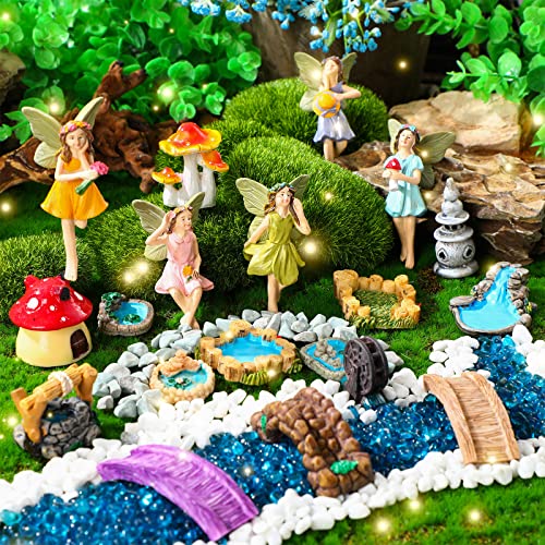 Unittype 19 Pcs Flower Fairy Accessories for Garden Outdoor Fairy Figurines Miniature Bridge Mushroom Lighthouse Water Well Pond Resin Garden Decorations Miniature Figurines for Craft
