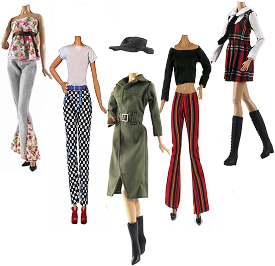 Doll Clothes, 5 Sets Fashion Outfits Autumn Dresses Fall Clothes Windbreaker Pants Shoes Bag Hat for Barbie Accessories Baby Gifts Random Style