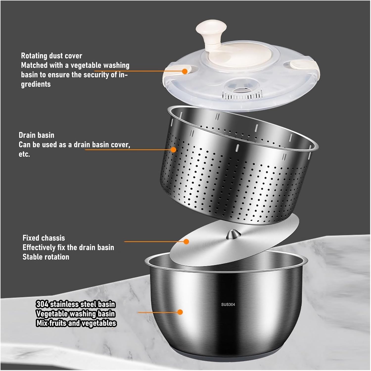 6L Stainless Steel Fruit Washer, Multifunctional Salad Dryer with Drainage Outlet, Vegetable Spinner for Dehydrating Lettuce, Fruits, Vegetables