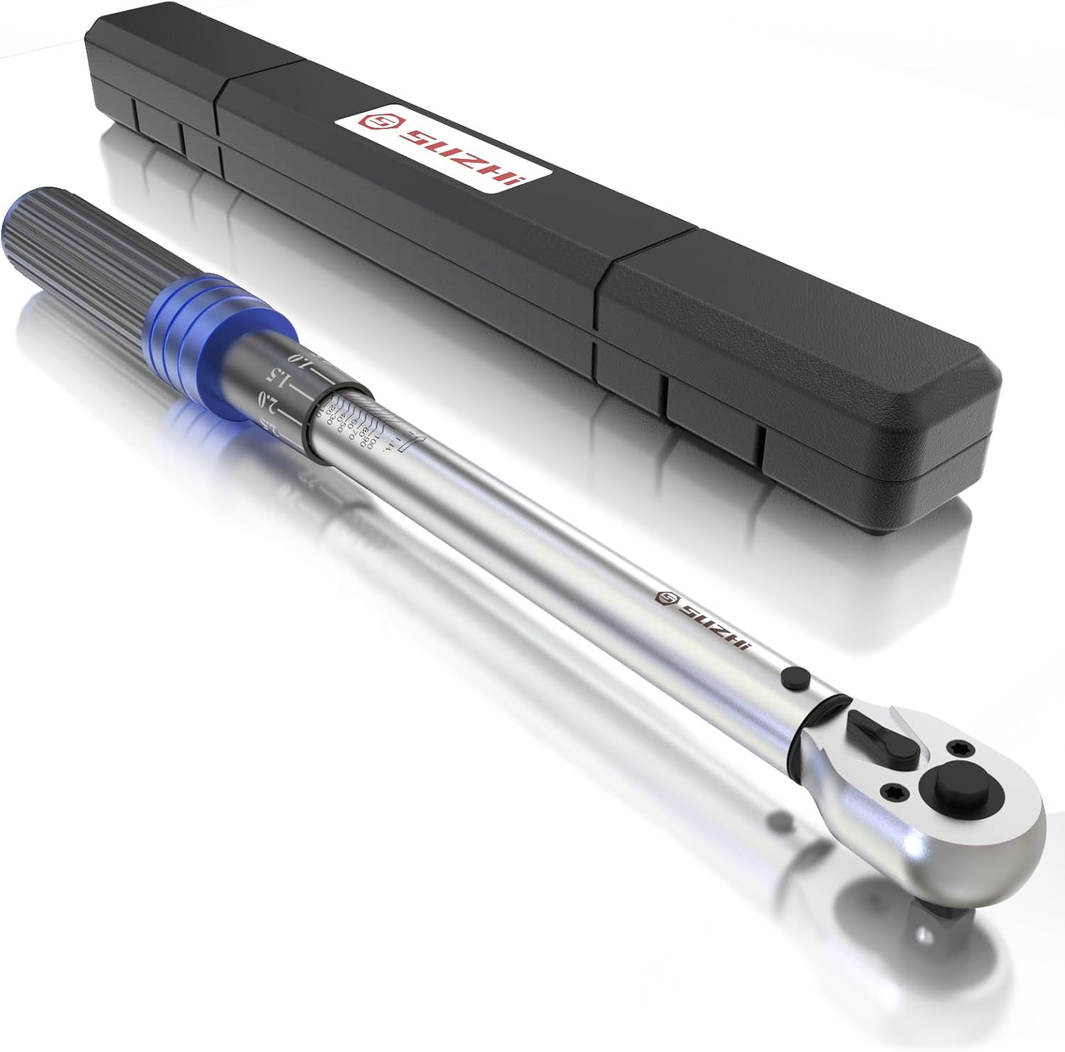 SuZhi 3/8 Inch Drive Torque Wrench 10-100ft.lb/13.6-135.6Nm, 72 Teeth, Longer 18.3'' Alloy Aluminum & Cr-Mo Material for Car Wheel nut (usually 88 ft lb) & Motorcycle, Spark Plug, Oil change