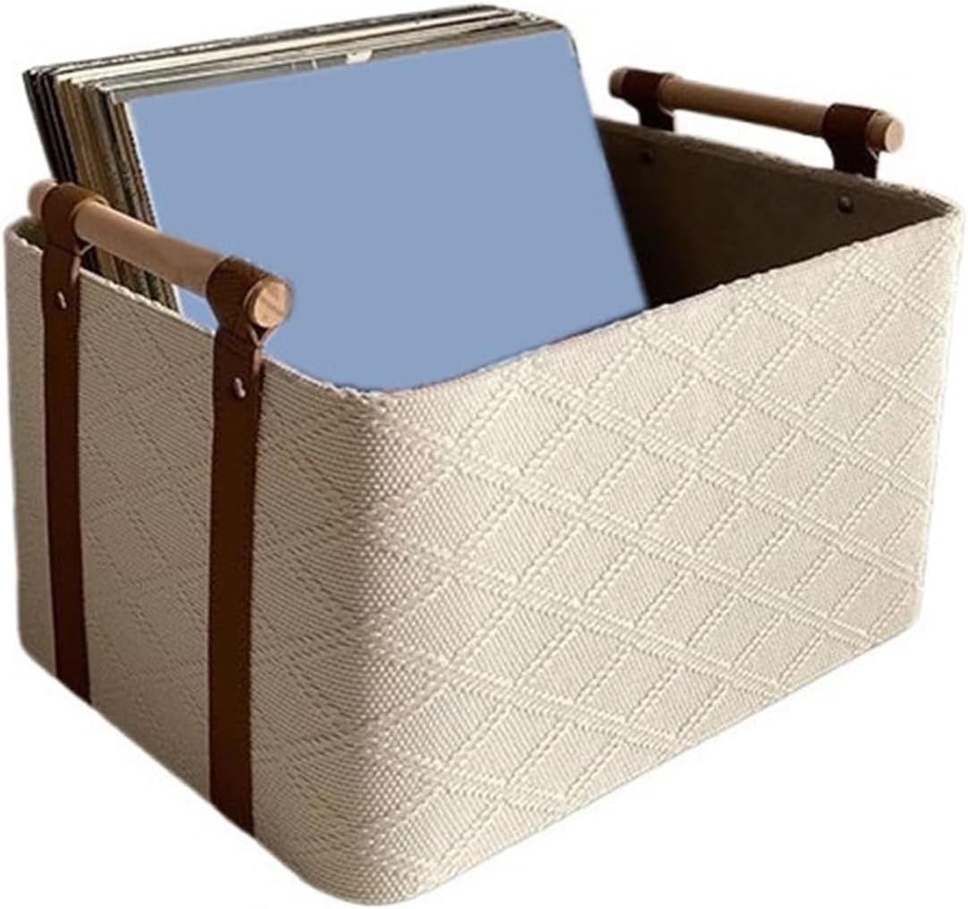 CD Storage Rack Vinyl Record Box Tabletop Fabric Multi-Functional Open Storage Case with Wooden Handle