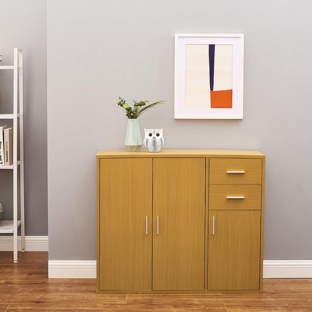 Large Sideboard Storage Unit 2 Drawers 3 Doors 100cm x 35.5cm x 83cm (Beech)