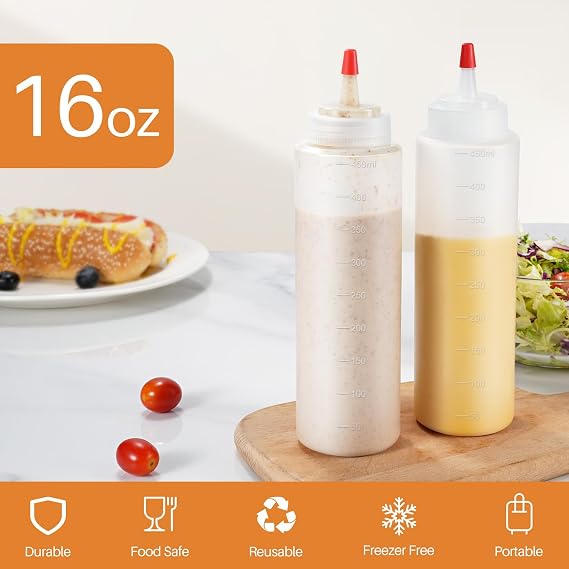 Sopito Squeeze Bottles, 16oz Leak-Proof Wide Mouth Condiment Squeeze Bottles for Liquids Sauces Ketchup Oil, 6 Pack