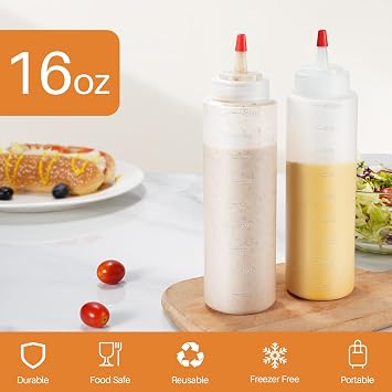 Sopito Squeeze Bottles, 16oz Leak-Proof Wide Mouth Condiment Squeeze Bottles for Liquids Sauces Ketchup Oil, 6 Pack