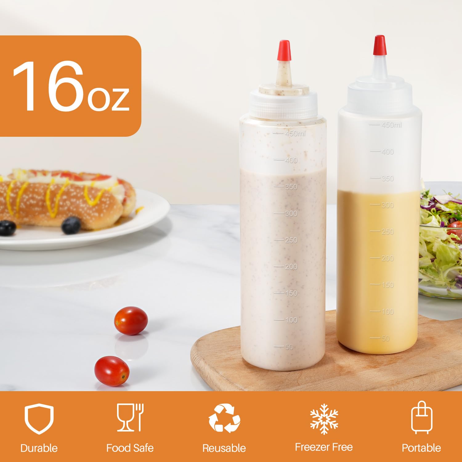 Botellas exprimibles, 16 onzas, a prueba de fugas, botellas de condimentos de boca ancha para líquidos, salsas, aceite de salsa de tomate, paquete de 6 2