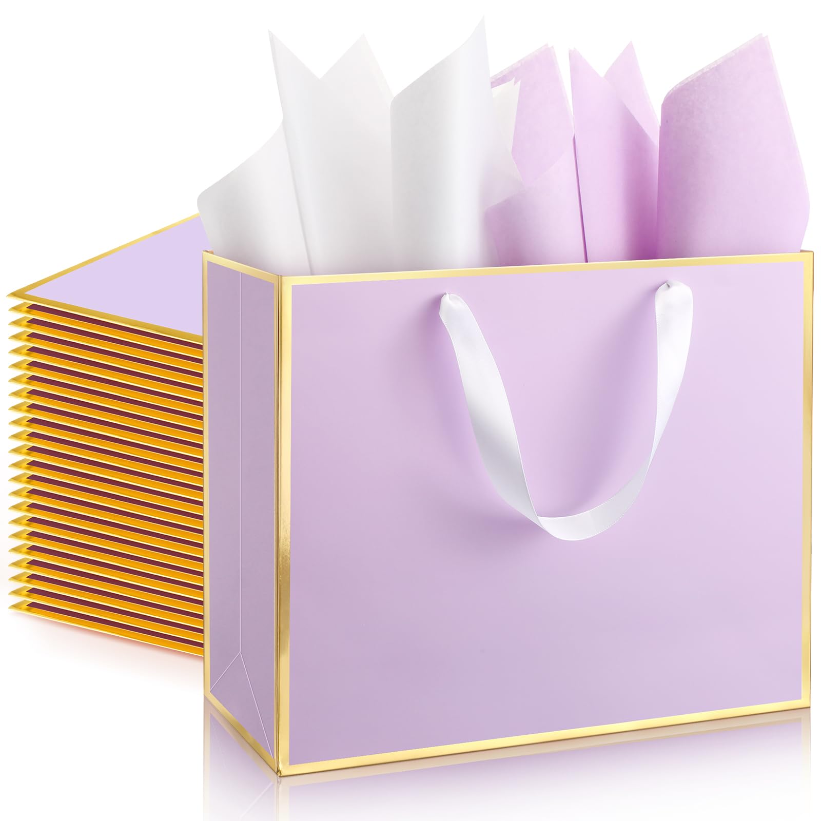 ReliThick 12 Pack Metallic Paper Gift Bag with Handles and Tissue Paper 11.8 x 10 x 4'' Thank You Favor Bag for Graduation Mother's Day Wedding Bridesmaid Groomsman 5 Senses Gifts (Lavender,Gold) โ image 1