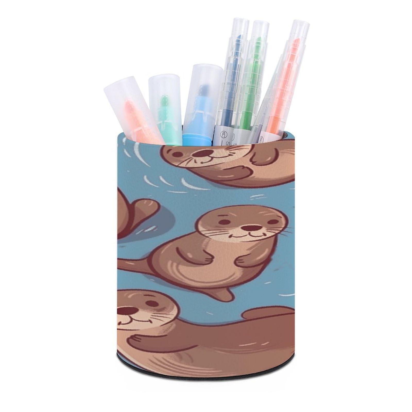 FekiLoot PU Leather Round Pen Holder Animal Cute Brown Otters Pencil Holder Desk Organizer Pen Organizer Pen Cup Pencil Cup Caddy Desktop Stationery Organizers for Office Home Supplies