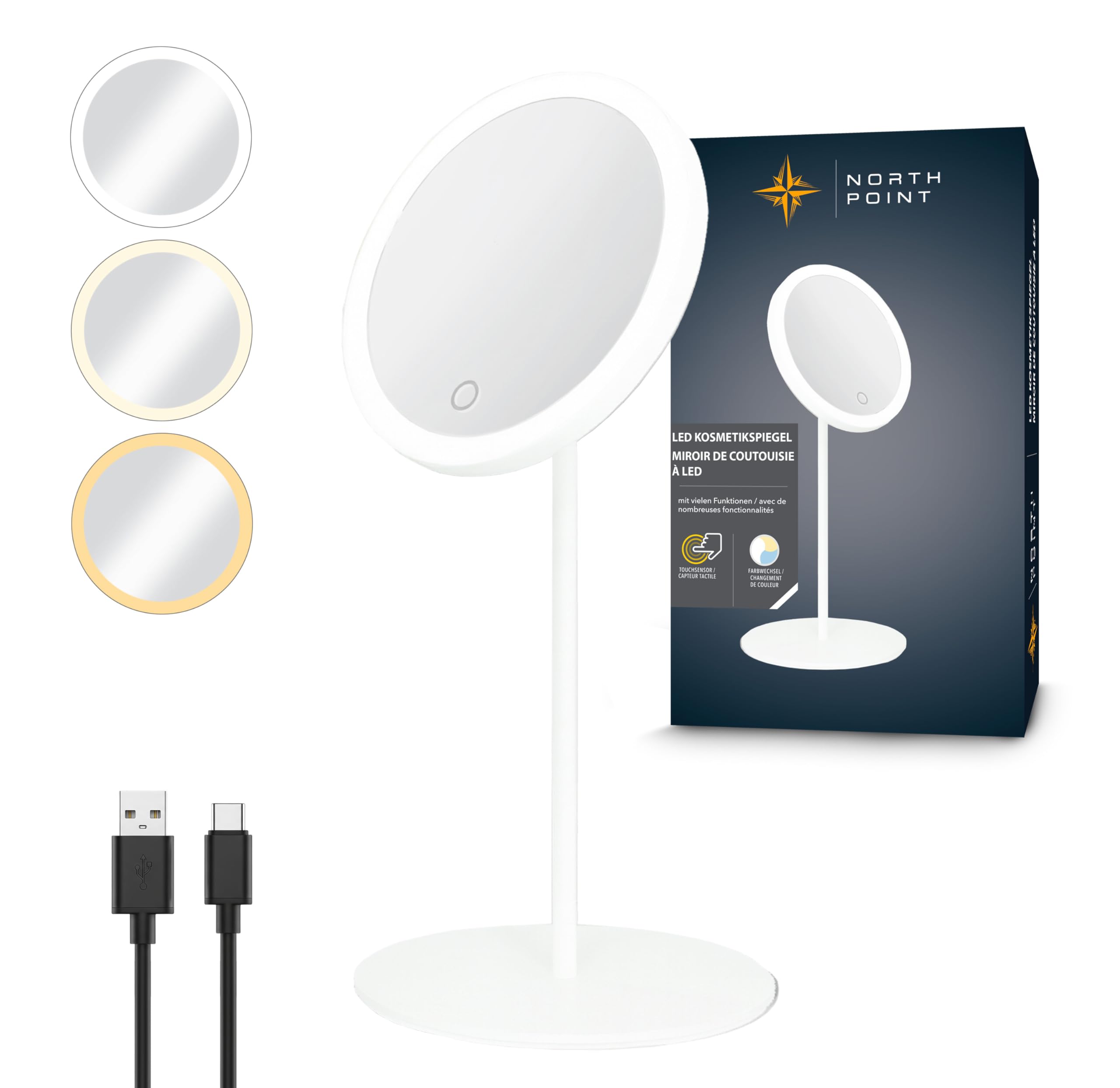 Miroir cosmétique LED Northpoint à batterie avec 3 couleurs de lumière boîtier métal blanc