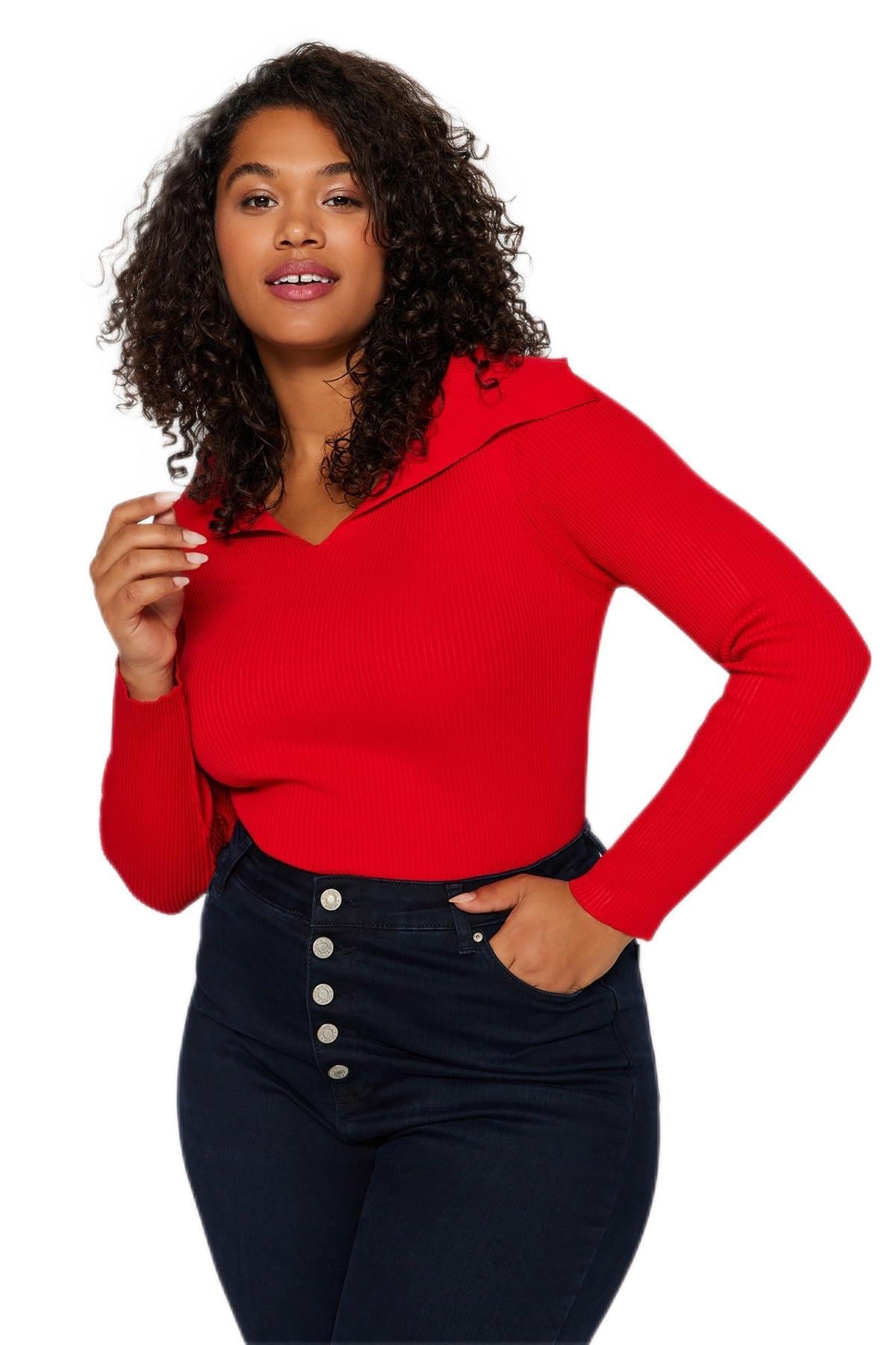 Trendyol Curve Red Boat Collar Thin Knitwear Blouse