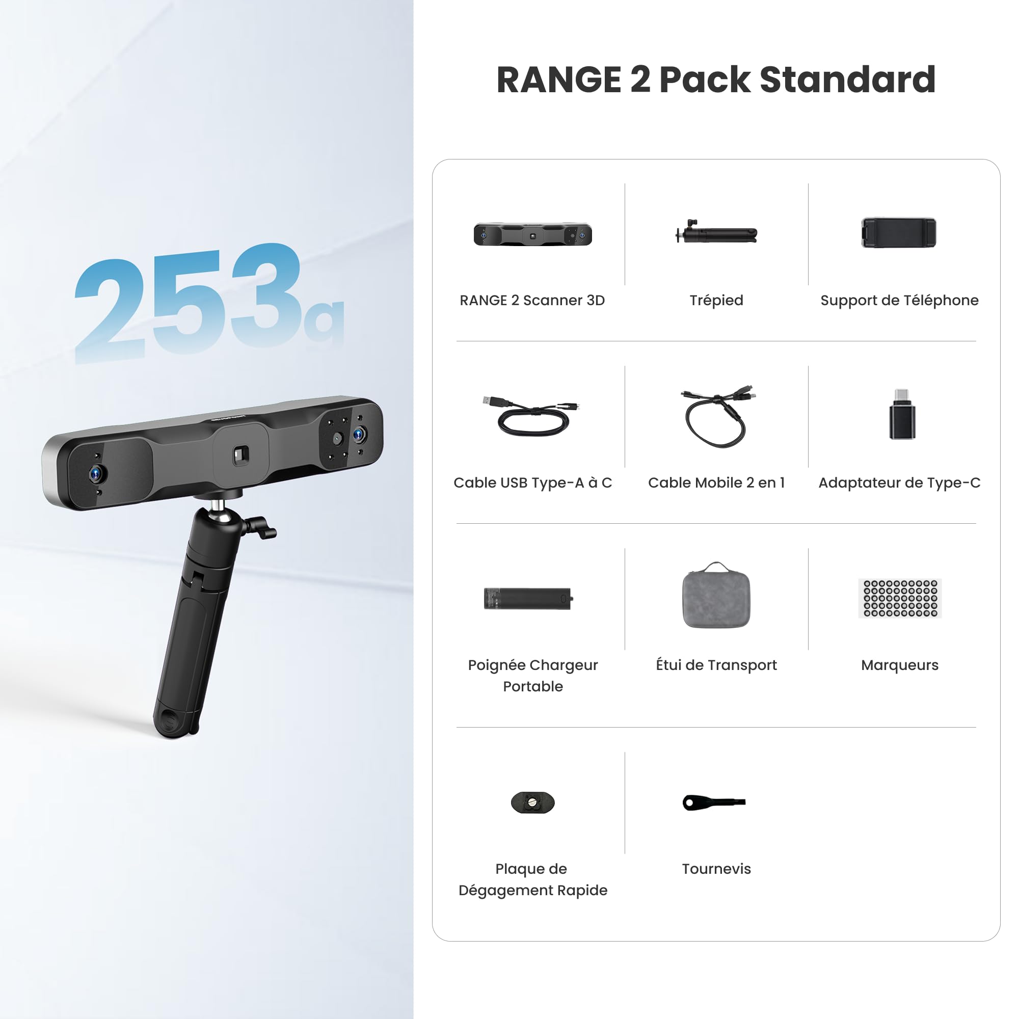 Revopoint RANGE 2 Scanner 3D Portable, Précision 0,1 mm,Scanner de Modèles 3D Portable,Caméra Couleur RGB Intégrée,Pour Scans Corporels & Faciaux, Ingénierie Inverse