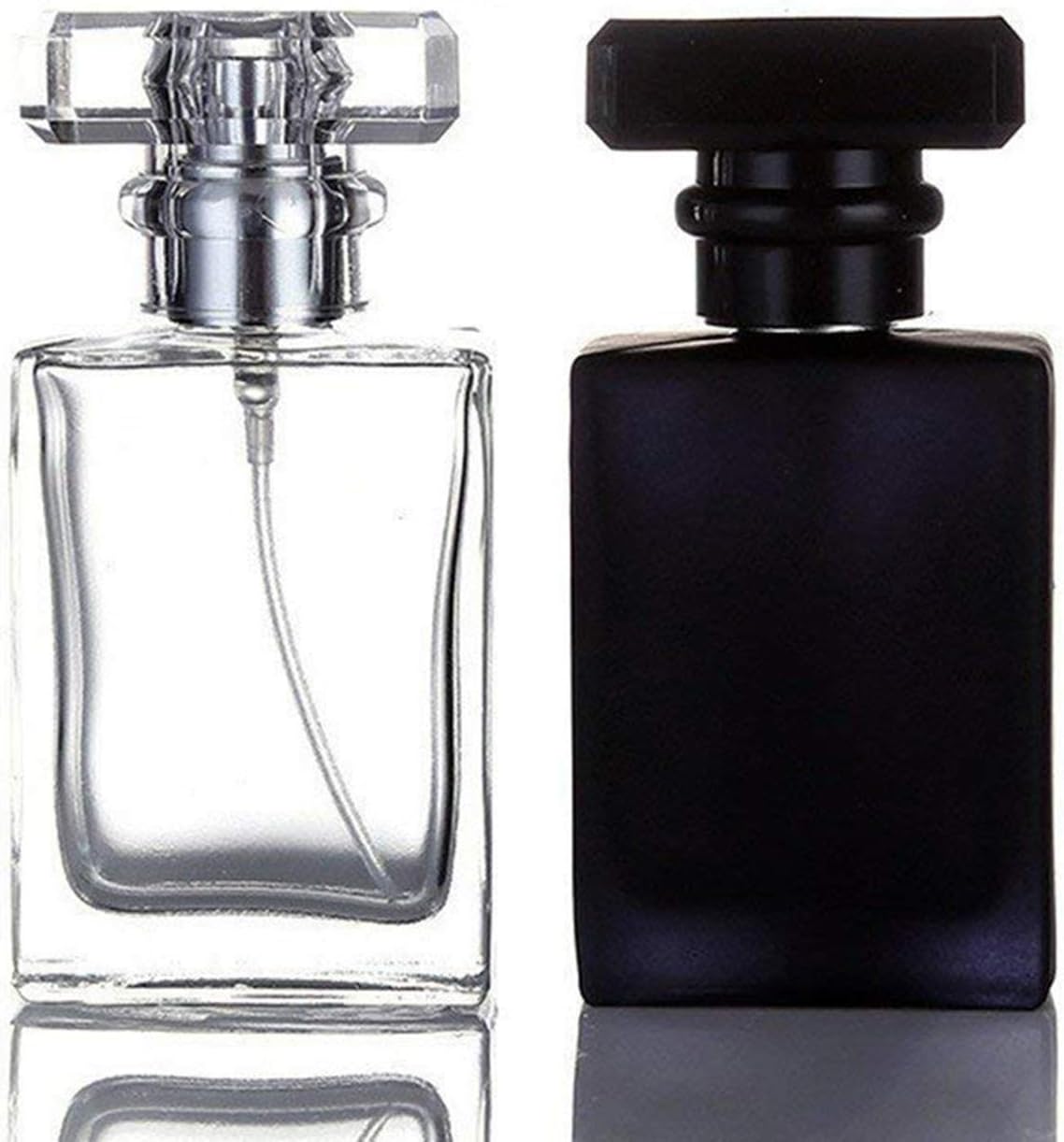 2 Pack - 30ML Flint Glass Refillable Perfume Bottle, Square Portable Cologne Atomizer Empty Bottle with Spray Applicator For Travel (Transparent and Black)