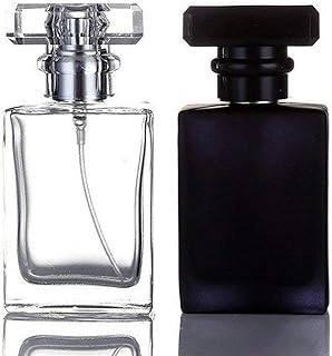 2 Pack - 30ML Flint Glass Refillable Perfume Bottle, Square Portable Cologne Atomizer Empty Bottle with Spray Applicator For Travel (Transparent and Black)