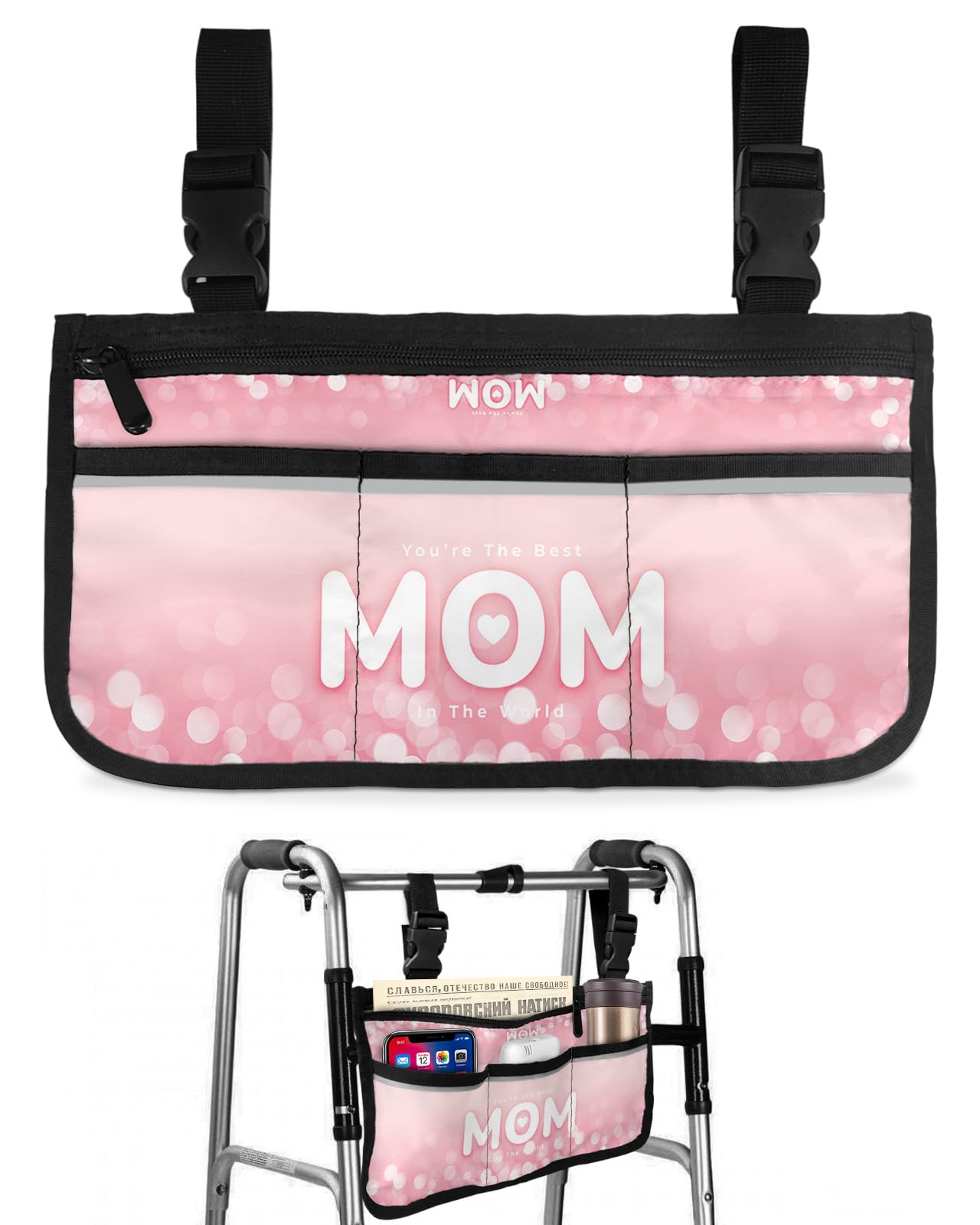 Mother's Day Wheelchair Side Bag Walker Bag, Light Dots Filling Pink Wheelchair Accessories Armrest Pouch, Organizer Storage Bag for Walkers, Rollators, Scooters, 7.3''x13''