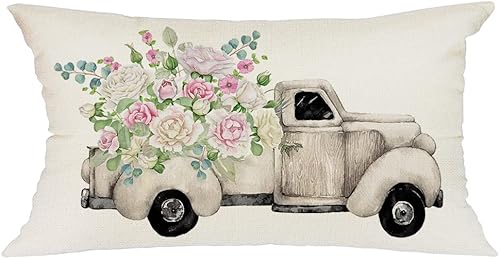 GEEORY Fundas de almohada de 12 x 20 pulgadas flores de camión hojas de primavera almohadas decorativas fundas de almohada rosas decoraciones de