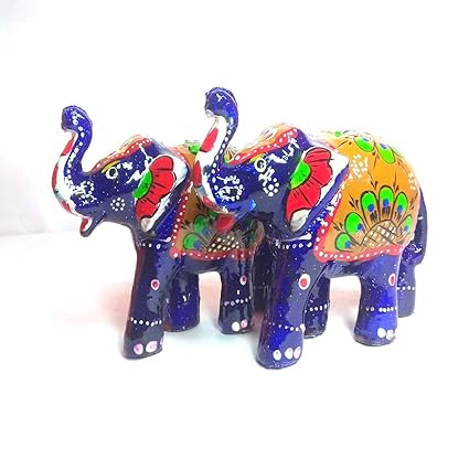 Paper Mache Handmade Elephant Showpiece Blue Figurine Set of 2 for Living Room Home D cor (Blue,10x12x6cm)