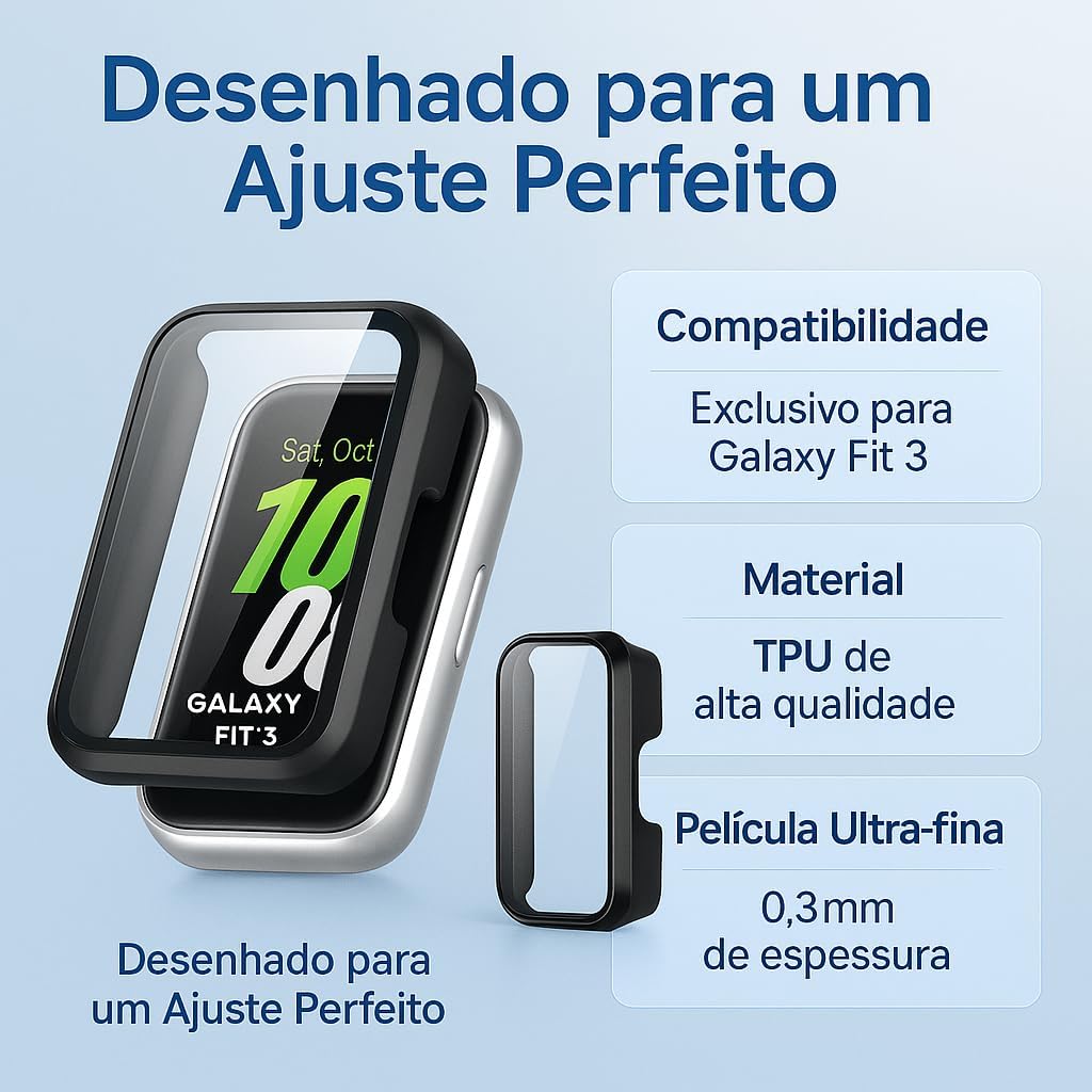 Capa Bumper com Película Compatível com Galaxy Fit 3 Samsung - Case Protetora para Smartwatch, cor Preto