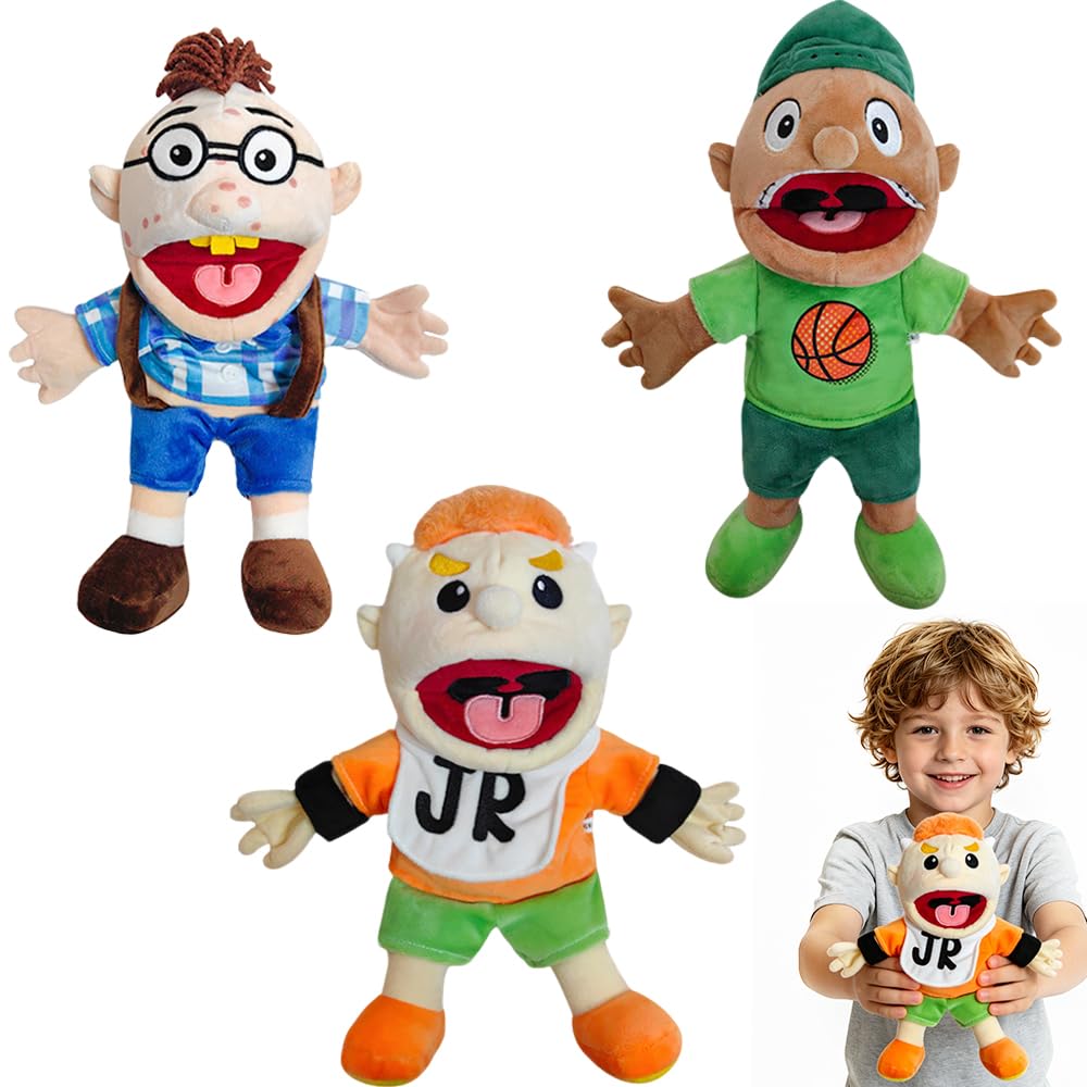 NKFBEV Jeffy Puppet Plush Toy Doll 40 cm, 3 Pcs Jeffy Hand Puppets with Working Mouth, Mischievous Funny Puppets Toy, Sml Puppets Soft Plush Toy for Play House, Party Role-Playing