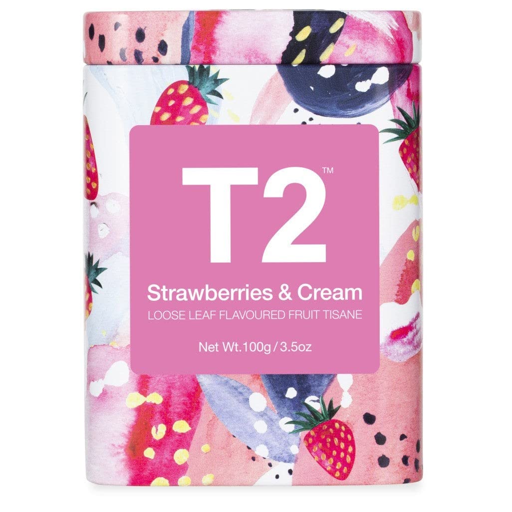 T2 Tea Strawberries & Cream, Loose Leaf Fruit Tea in Tin, Strawberry, 100 g