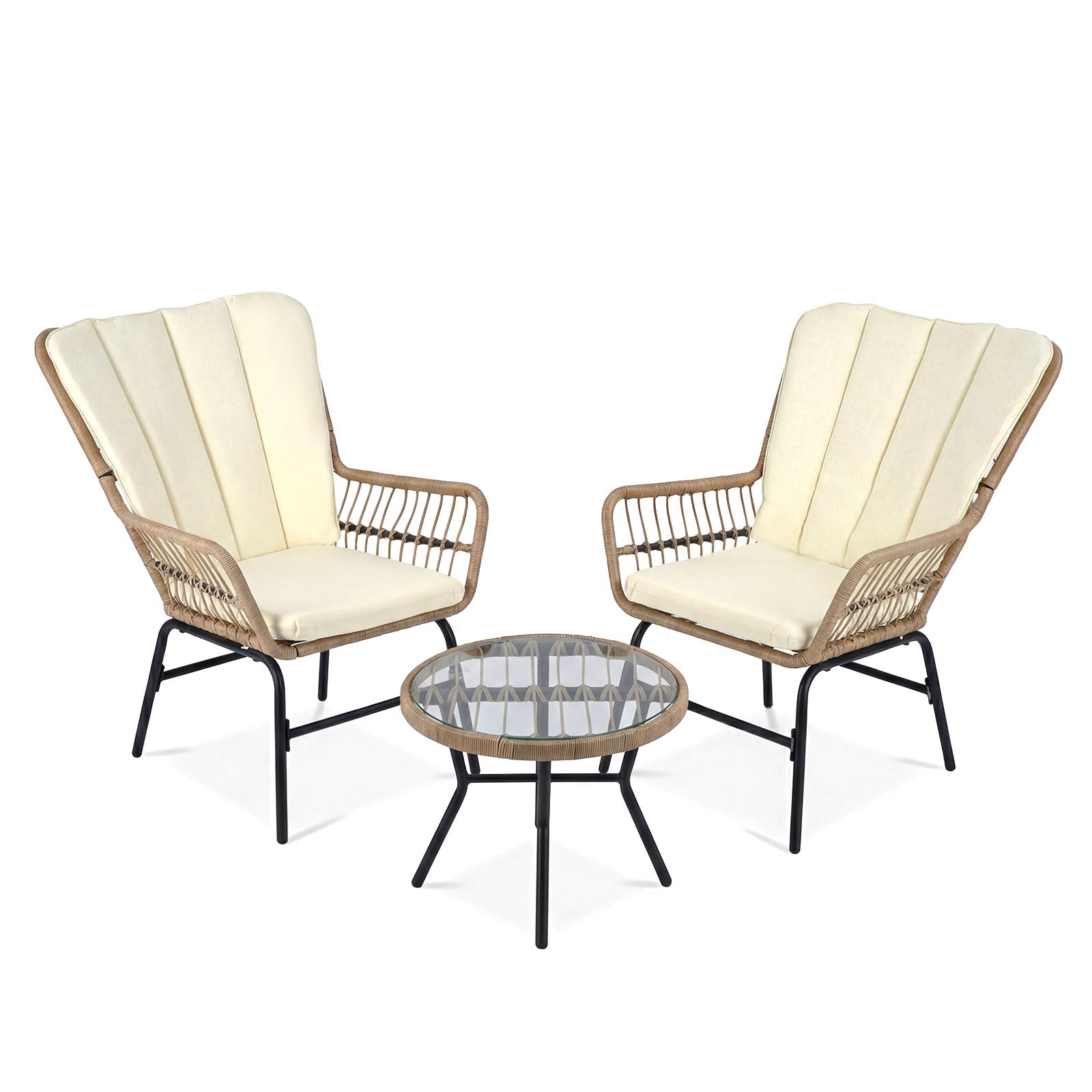 FANTASK 3-teiliges Balkonmöbel Set, Rattan Gartenmöbel Set inkl. Glastisch & 2 Stühle mit Kissen, Bistroset für 2 Personen, Garten Sitzgruppe für Garten, Veranda, Balkon