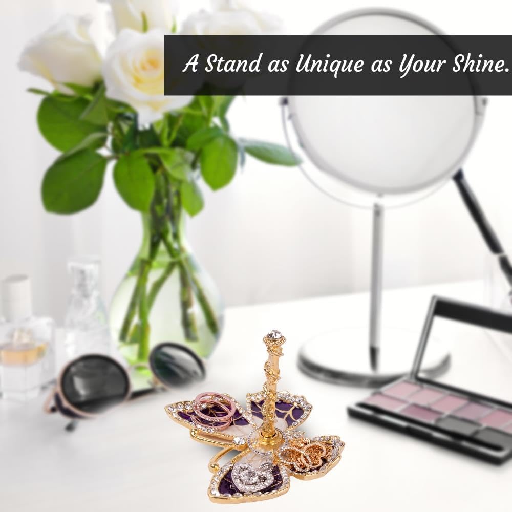 Matashi Butterfly Jewelry Holder for Women, Enamel - Gold Plated Jewelry Stand Organizer Ring Holder w Crystals, Gift for Mom on Christmas, Mother’s Day, Birthday, Anniversary, Valentine’s Day, Purple