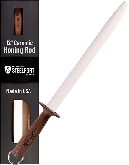STEELPORT 12 inch Oval Ceramic Honing Rod | Professional Knife Sharpener Rod with Oregon Black Walnut Handle, Safety Guard | Premium Serrated Blade Sharpener For All Knife Types