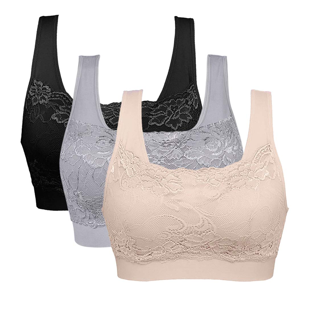 Vertvie Womens Strech Ohne Buegel Push up Yoga Sports BH Bra Top Set Fuer Fitnesstraining Polsterung 3er Pack