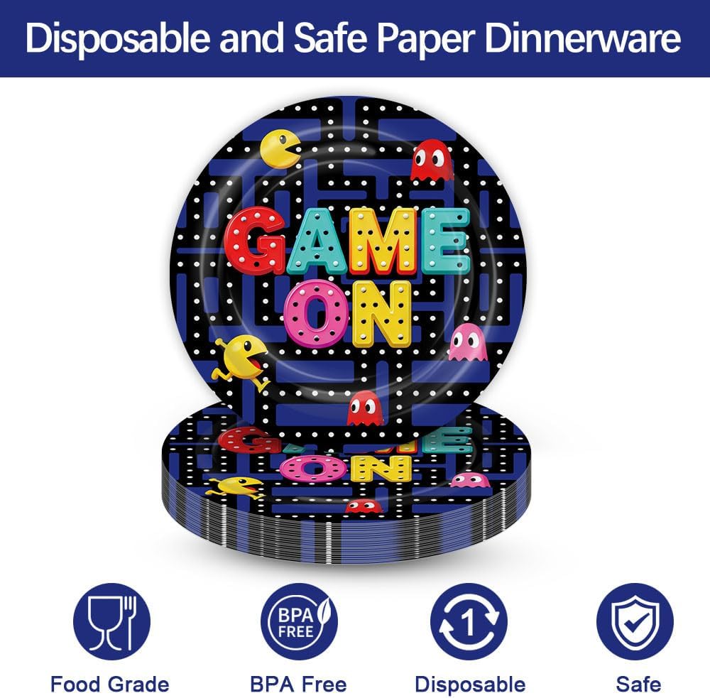 Game on Maze Themed Party Decorations Supplies Retro Arcade Game Themed Party Tableware Set Include Plates, Cups, Napkins,Cutlery and Straw for Birthday Party Decorations Serves 24