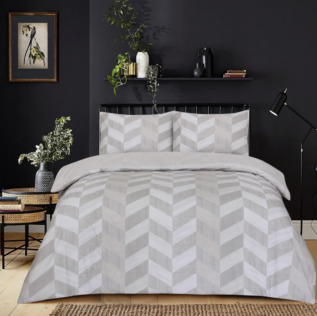 Best Linen 3 Piece Duvet Cover Set Microfiber Quilt Cover Pillow Case & Fitted Sheet Complete Bedding Set Easy Care Machine Wash Anti Allergic (Zigzag Beige, Single)