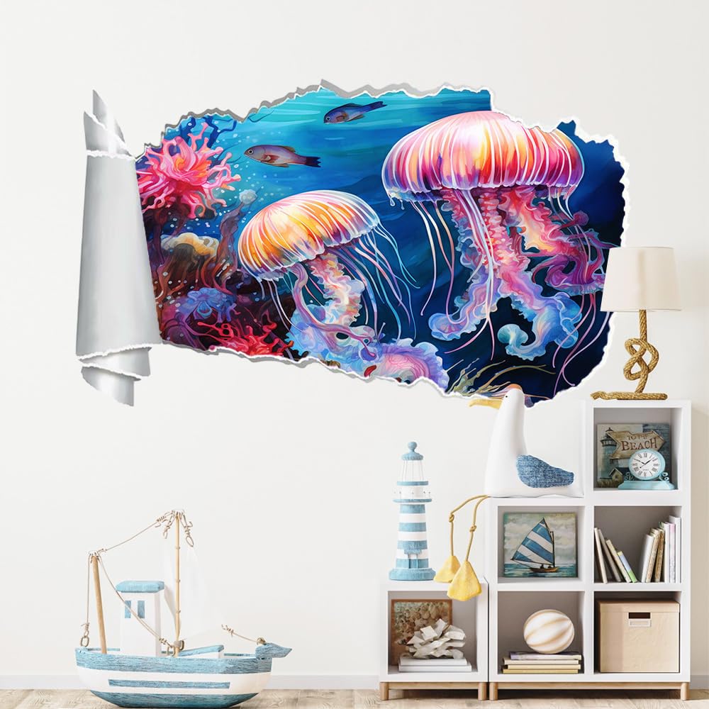 Pegatinas de decoración de pared 3D Madera De Coral Medusa Pegatinas De Pared Calcomanías Murales De Pared Rotas 3D Vista Al Mar Vinilo De Pared Arte Hogar Decoración De Pared