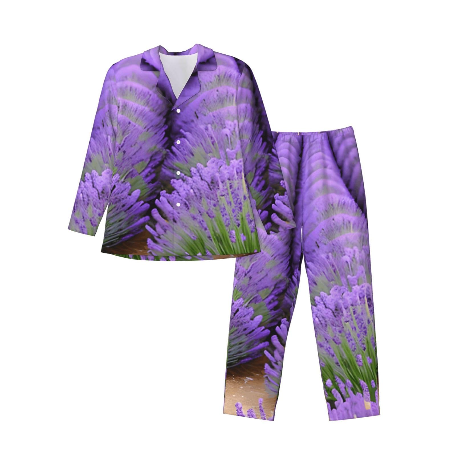 Romantico Lavanda Stampa Uomo Manica Lunga Pigiama Set Pigiameria Due Pezzi Casa Viaggio Outfit Lounge Pantaloni