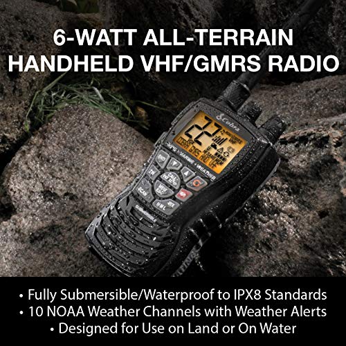 Cobra MR HH450 DUAL Handheld Floating VHF Radio – 6 Watt, All-Terrain, Submersible, Noise Cancelling Mic, Backlit LCD Display, Memory Scan, Black