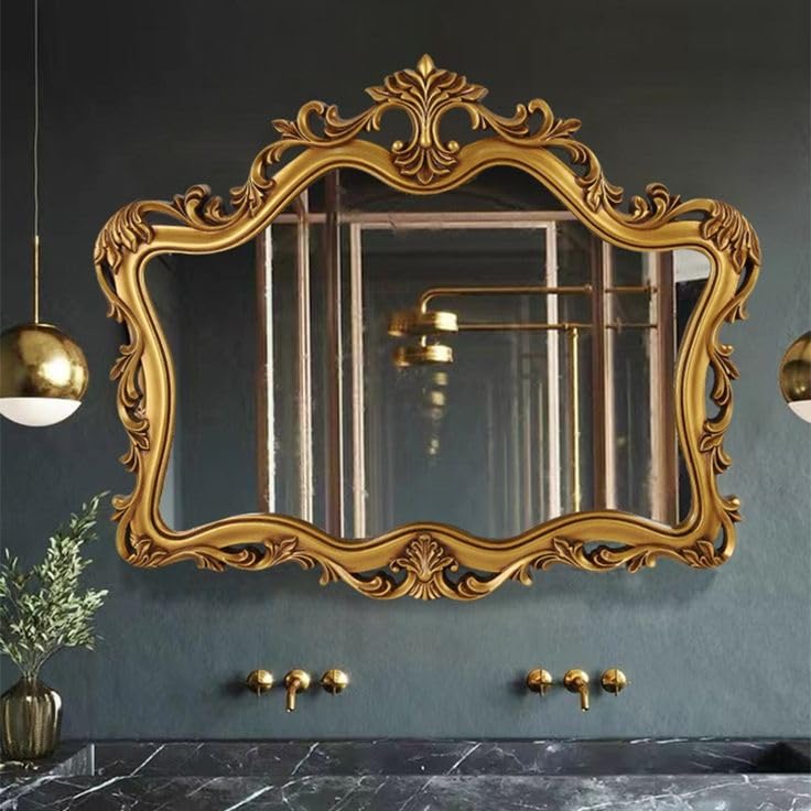 Hand Carved Wooden Mirror Frame, Wall Hanging Decorative Frame for Home Living Room Bedroom Decor, Wooden Jharokha, Antique Gold Color, 90x60 cm, Without Mirror-image-32