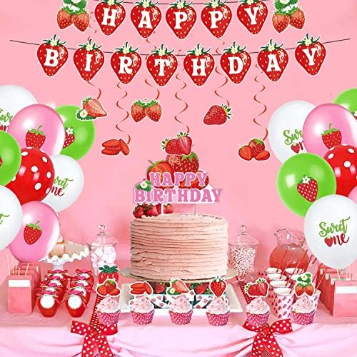 Strawberry Birthday Party Decorations Set Strawberry Happy Birthday Banner Sweet One Balloon Cake Cupcake Topper for Fruit Themed Party Supplies