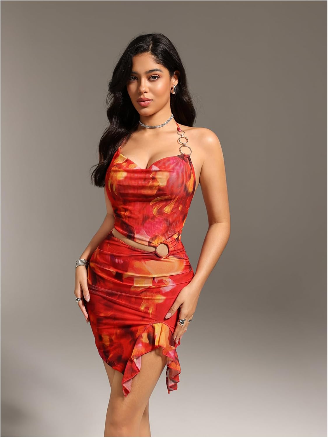 MakeMeChic Women's Tie Dye Ring Linked Draped Cut Out Halter Sleeveless Ruffle Mini Dress - Image 6