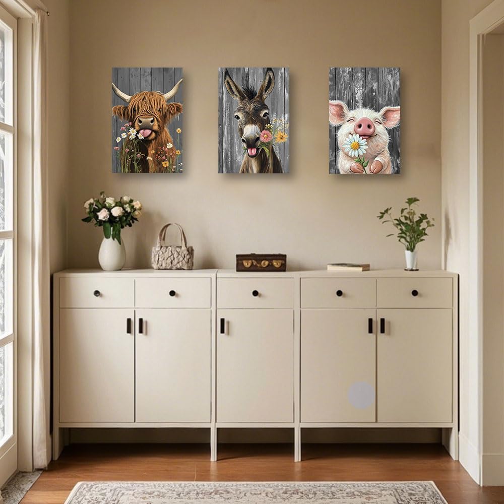 CCWACPP Farm Animal Wall Art Farmhouse Animal Pictures 3 Pieces Highland Cow Donkey Pig Canvas Rustic Country Farmhouse Kitchen Decor Framed (11x14inchx3Pcs)