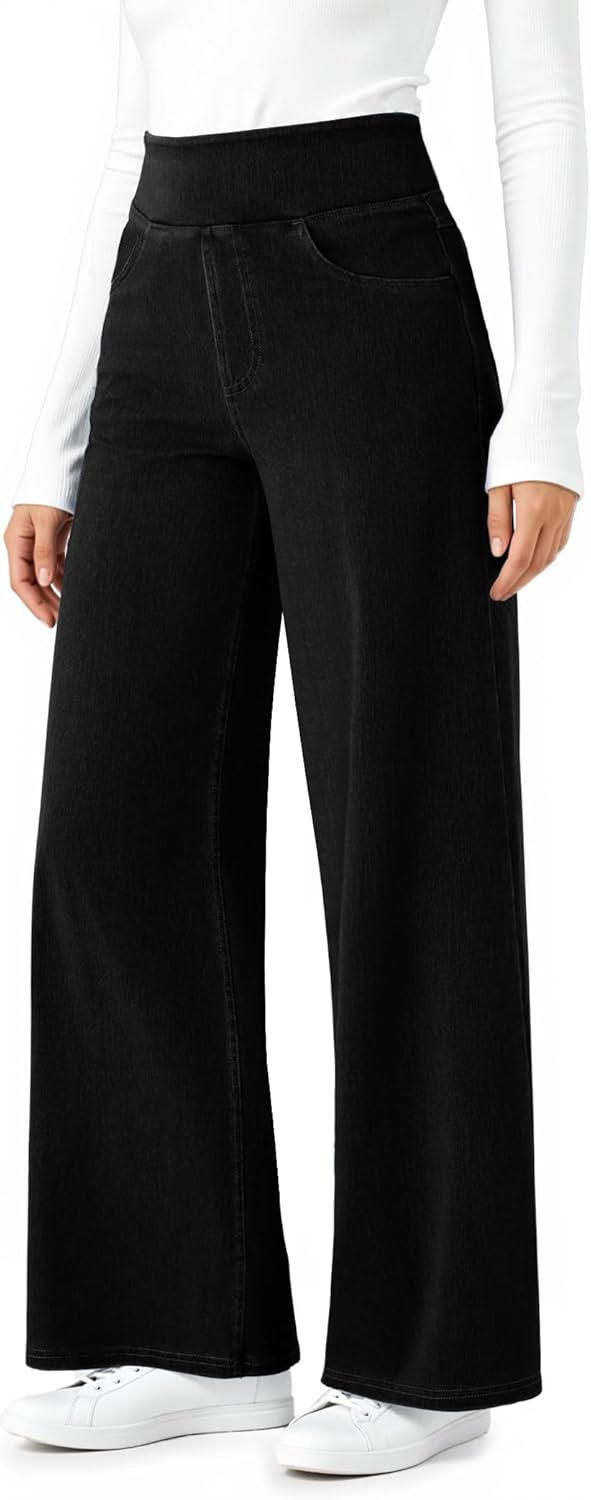 Wide Leg Stretchy Sweatpants Jeans for Women, High Waisted Baggy Casual Pull On Jeans Elastic Waist Loose Denim Pants